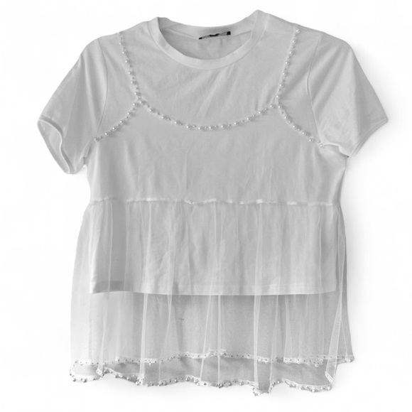 On 12th Tops - ON 12TH Empire Waist Pearl Beaded Sheer Mesh Overlay Peplum Tee Top T-Shirt Sz M